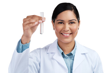 PNG of a cropped portrait of an attractive young female scientist holding a vial filled with liquid...