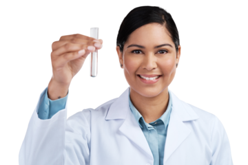 PNG of a cropped portrait of an attractive young female scientist holding a vial filled with liquid in studio against a grey background