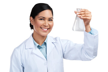 PNG of a cropped portrait of an attractive young female scientist holding a beaker filled with liquid in studio against a grey background