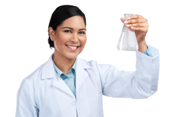 PNG of a cropped portrait of an attractive young female scientist holding a beaker filled with liquid in studio against a grey background