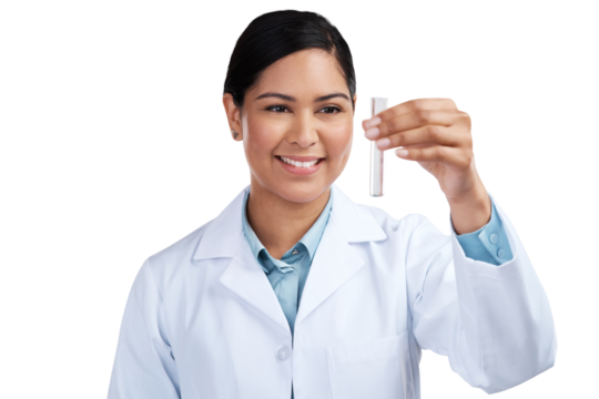 PNG of a cropped shot of an attractive young female scientist examining a vial filled with liquid in studio against a grey background