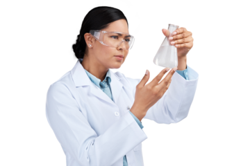 PNG of a cropped shot of an attractive young female scientist examining a beaker filled with liquid in studio against a grey background
