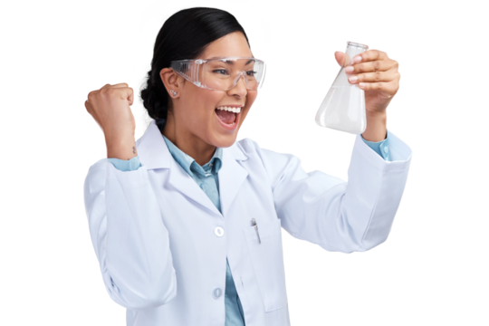 PNG of a cropped shot of an attractive young female scientist cheering while examining a beaker filled with liquid in studio against a grey background