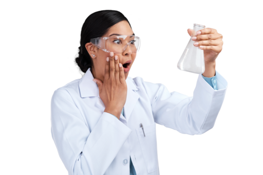 PNG of a cropped shot of an attractive young female scientist looking shocked while examining a beaker filled with liquid in studio against a grey background