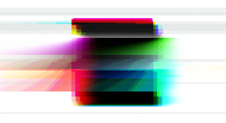 Multicolored glitched square geometric shape with noise, scanlines and screensclices on white background in corrupted graphics style.	