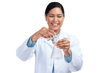 PNG of a cropped shot of an attractive young female scientist mixing samples in studio against a grey background