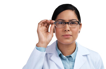 PNG of a cropped portrait of an attractive young female scientist wearing glasses in studio against a grey background