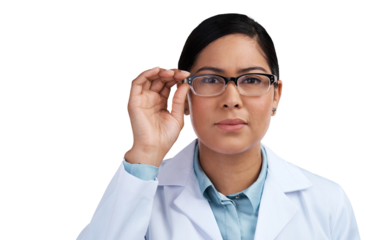PNG of a cropped portrait of an attractive young female scientist wearing glasses in studio against a grey background