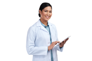 PNG of a cropped portrait of an attractive young female scientist using a tablet in studio against a grey background