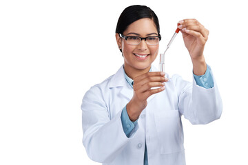 PNG of a cropped shot of an attractive young female scientist mixing samples in studio against a...