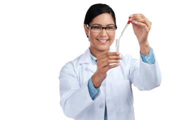 PNG of a cropped shot of an attractive young female scientist mixing samples in studio against a grey background