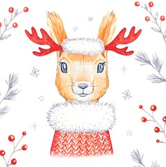 Squirrel in a red knitted sweater. watercolor illustration