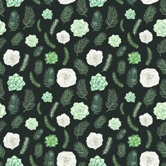 Seamless pattern with  roses and leaves on a dark background