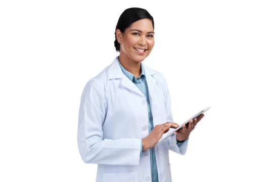PNG of a cropped portrait of an attractive young female scientist using a tablet in studio against a grey background - Powered by Adobe