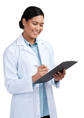 PNG of a cropped shot of an attractive young female scientist working on a clipboard in studio...