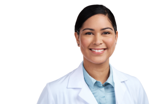 PNG of a cropped portrait of an attractive young female scientist posing in studio against a grey background