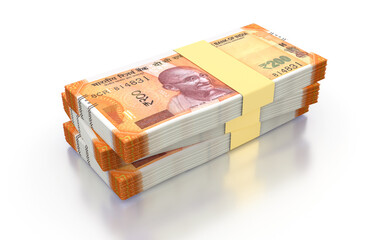 Indian Rupee 200 Currency Note Bundles isolated on White Background - 3D Illustration