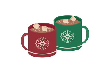 Hot chocolate with marshmallows. A cup with an ornament in the form of snowflakes and the inscription Merry Christmas. Vector illustration.