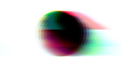 Multicolored glitched round geometric shape with noise, scanlines and screensclices on white background in corrupted graphics style.	