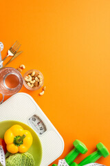 Proper nutrition concept. Top view vertical photo of scales tape measure plate with vegetables...
