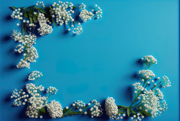 Fototapeta na wymiar Border of blue backdrop with white baby breath flowers and area for putting text. Generative AI