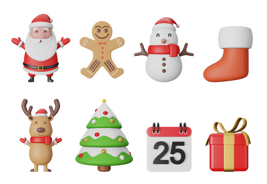 3d illustration Christmas icons set on white background