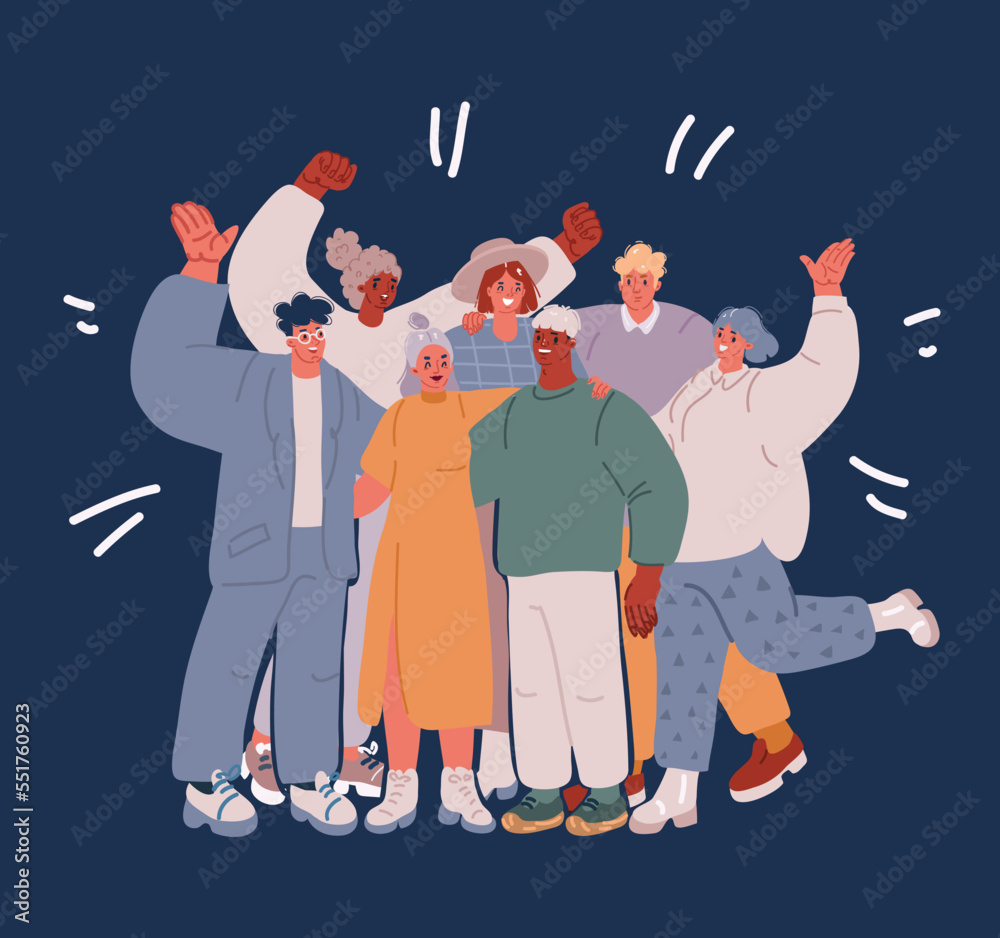 Wall mural Vector illustration of Multicultural team. Unity in diversity. People of different nationalities and religions cartoon characters. Multinational society. Teamwork, cooperation, friendship concept.