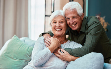 Portrait, hug and senior couple in living room in home, smiling and bonding. Love, retirement and...