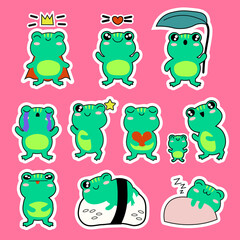 A set of stickers with cute kawaii green frogs isolated on a background, Vector illustration EPS