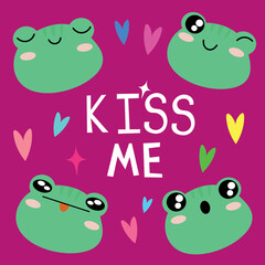 Set of various avatars of frog facial expressions. Text Kiss me. vector illustration. Simple design of happy smiling animal cartoon face emoticon. Graphics and colorful backgrounds. EPS