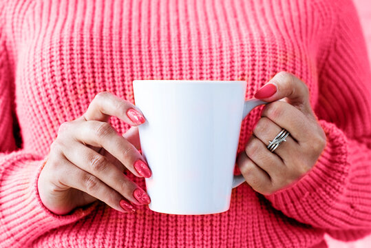 Closeup Woman Hands Holding White Mug For Mockup Design Toned With Viva Magenta