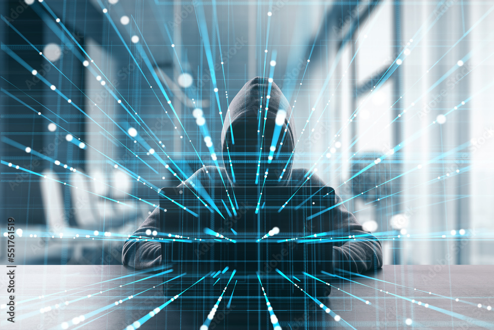Poster hacker using laptop at desktop with creative linear matrix hologram on blurry office interior background. Metaverse, hacking, data theft, vr and futuristic technology concept. Double exposure.