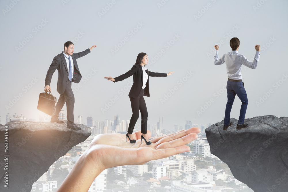 Poster Creative image of team helping each other walk through obstacle on abstract city background with cliff gap. Teamwork, help, and union concept.
