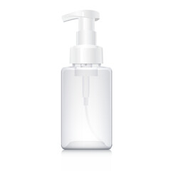 Transparent square bottle with pump for foam soap isolated on white background. Plastic flacon mockup template. Packaging mock up. Realistic 3d vector foam soap dispenser. 450 ml