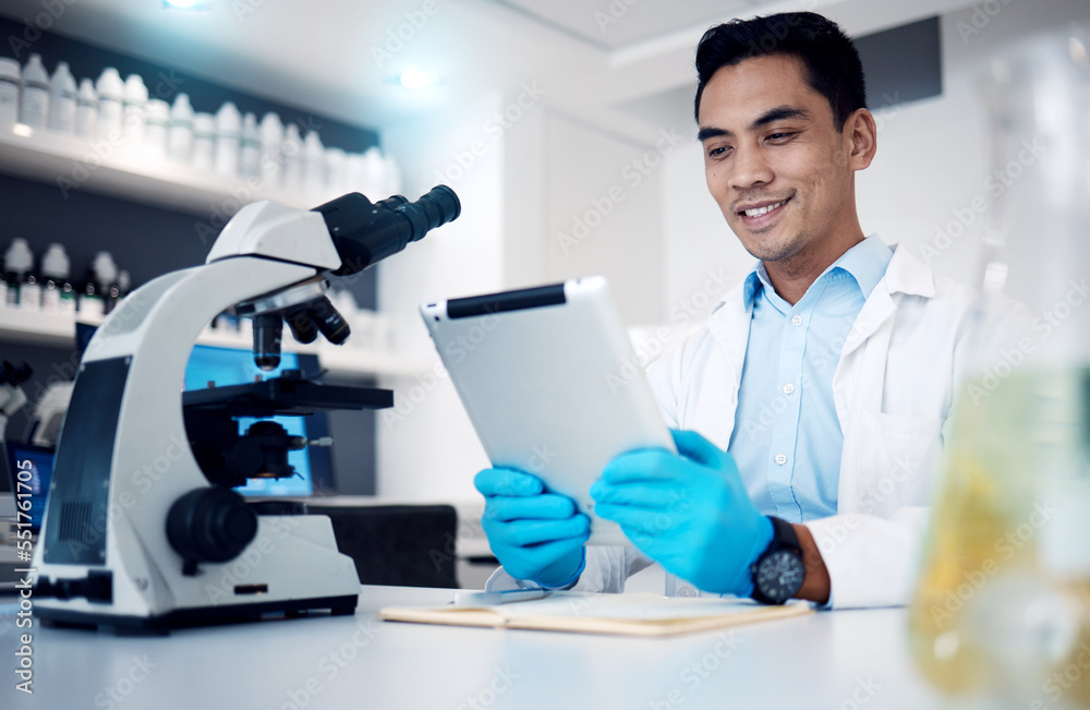 Poster science, tablet and microscope with a man at work in a laboratory for research or innovation. doctor