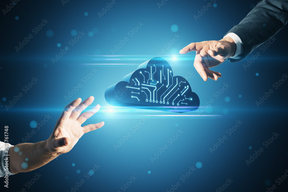 Aufkleber Close up of male hands pointing at abstract digital cloud circuit on blue background. Cloud computing, teamwork, server and integrated digital web concept.