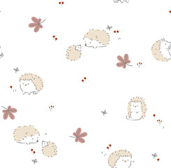 Seamless pattern in Scandinavian style with cute hand drawn Hedgehog