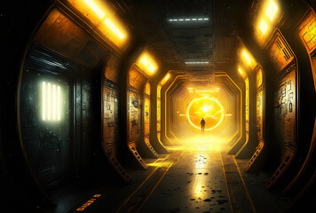 Yellow light in the internal spacecraft corridors of science fiction. Generative AI