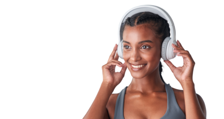 PNG Studio shot of a fit young woman using headphones.