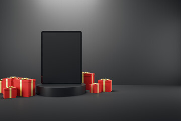 Empty pad on creative pedestal surrounded with red christmas present boxes on light background with mock up place. Holiday, celebration, gift purchase and commercial design concept. 3D Rendering.