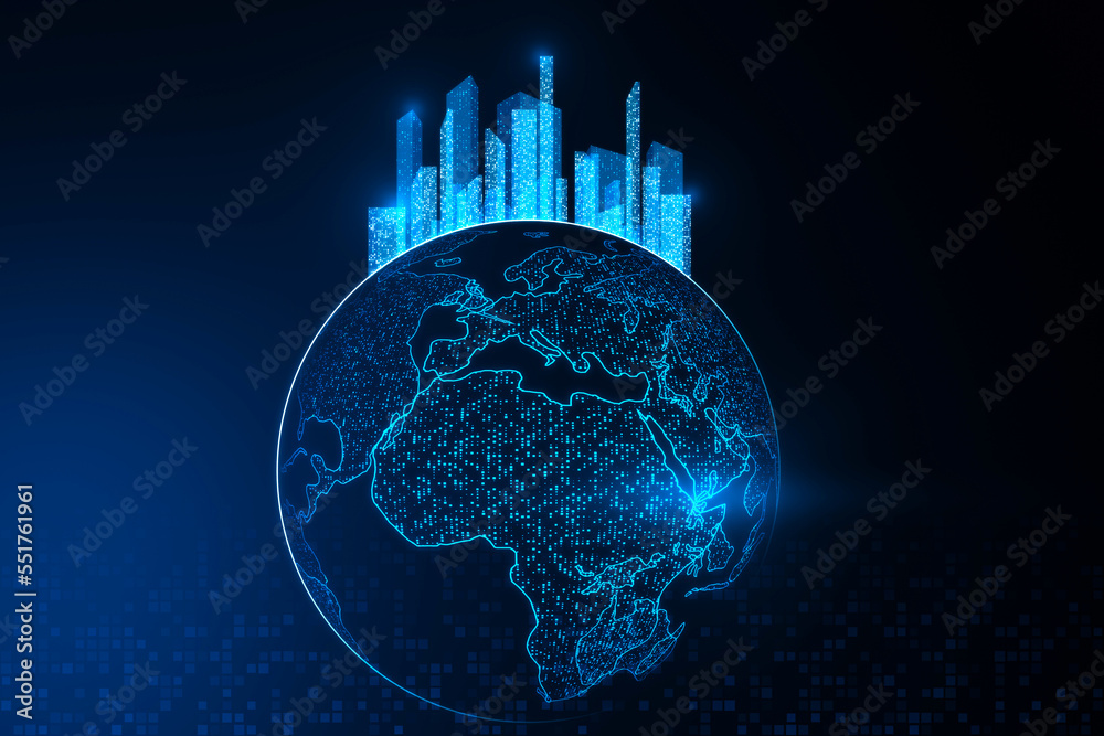 Aufkleber Glowing map with city hologram on blurry background. Abstract metaverse virtual reality concept building and digital map. 3D Rendering.