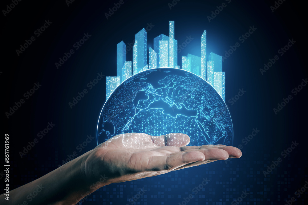Poster close up of male hand holding glowing map with city hologram on blurry background. abstract metavers