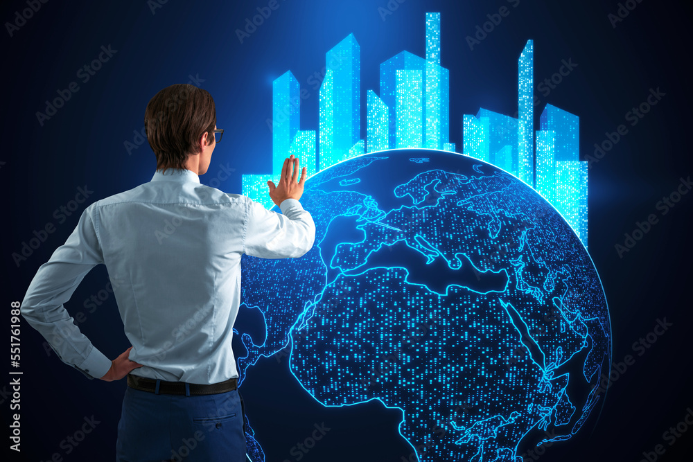 Poster back view of businessman hand using glowing map with city hologram on blurry background. abstract me