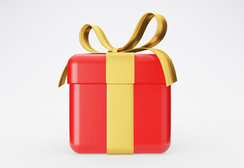 3d illustration Red gift box present with golden ribbon on white background