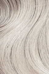 Blond hair close-up as a background. Women's long blonde hair. Beautifully styled wavy shiny curls. Hair coloring. Hairdressing procedures, extension. White hair