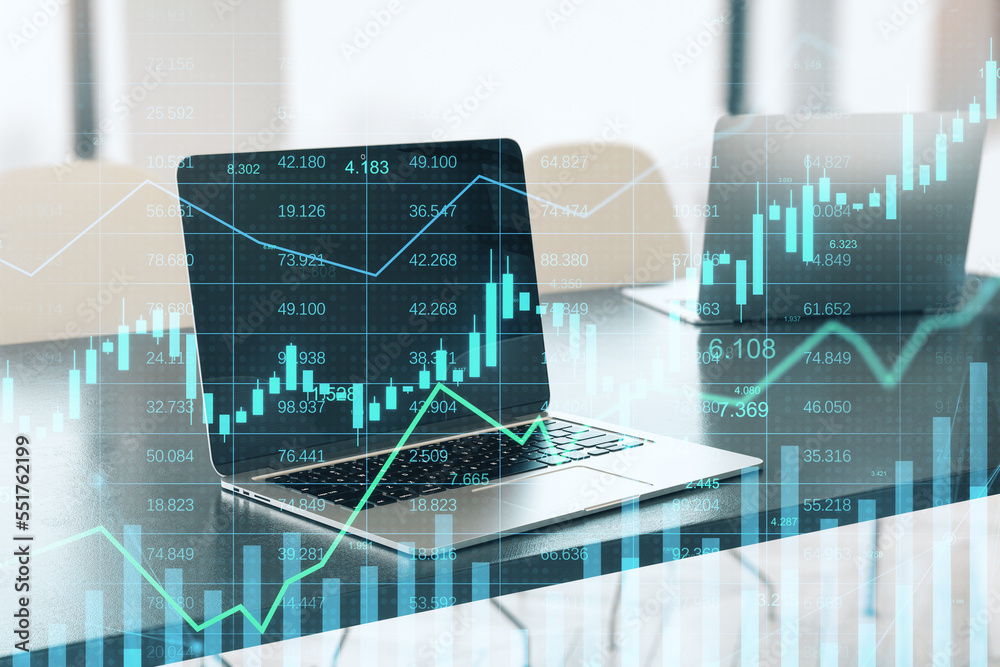 Poster Close up of notebook with glowing business chart hologram and index on blurry background. Finance, trade and invest concept. Double exposure.