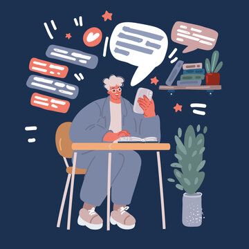Cartoon vector illustration of Young man working on the laptop and styding sitting at desk