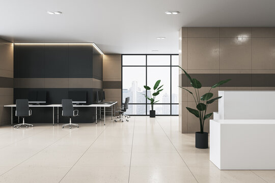 Contemporary office lobby interior with furniture, reception desk, window with city view and tile flooring. 3D Rendering.