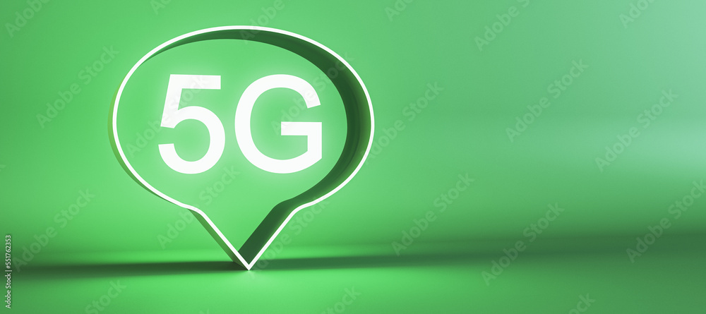 Poster Modern 5G bubble on wide green background with mock up place. Fast internet speed and technology concept. 3D Rendering.