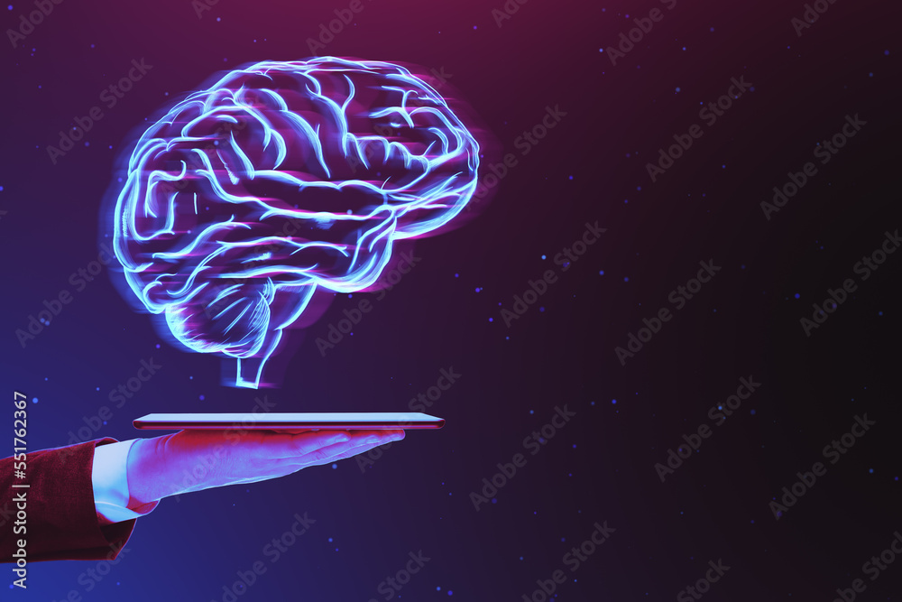 Poster close up of businessman hand holding cellphone with glowing digital human brain hologram on dark pur